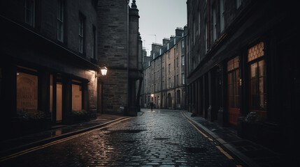 Fototapeta na wymiar Concept of a scottish street at evening, generated with AI