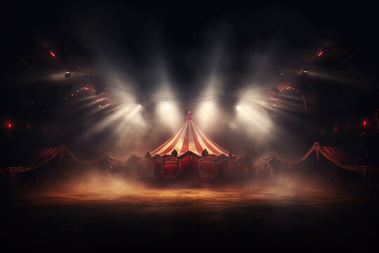 Circus tent with illuminations lights at night. Cirque facade. Festive attraction