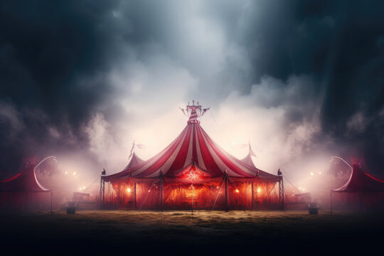 Circus tent with illuminations lights at night. Cirque facade. Festive attraction