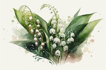 Watercolor illustration of lilies of the valley. Generative AI