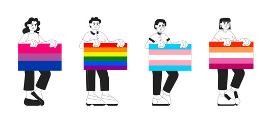 Happy people holds lgbt pride flags monochrome concept vector spot illustrations pack. Equal rights for lovers 2D bw cartoon characters for web UI design. Diversity isolated editable hero images set