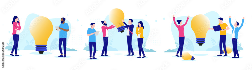 Aufkleber business ideas vector collection - set illustrations with people brainstorming and working with idea