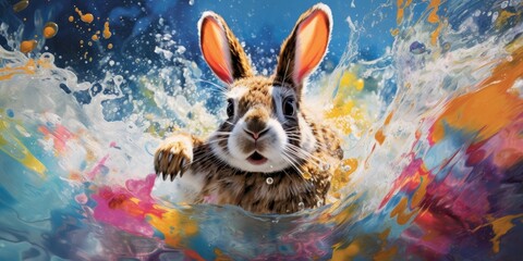 Fearless Dive into Colorful Waters - Daring Bunny Adventure - Colorful Pool   Generative AI Digital Illustration