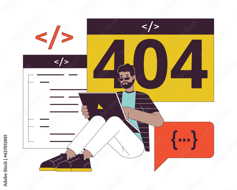 Poster developer website create error 404 flash message. african american programmer working. empty state u