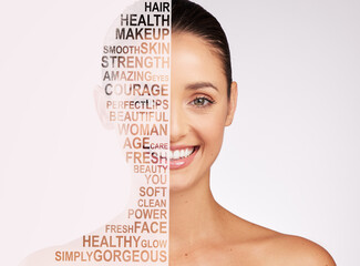 Beauty, makeup and text overlay with portrait of woman for cosmetics, natural and letter. Happy,...