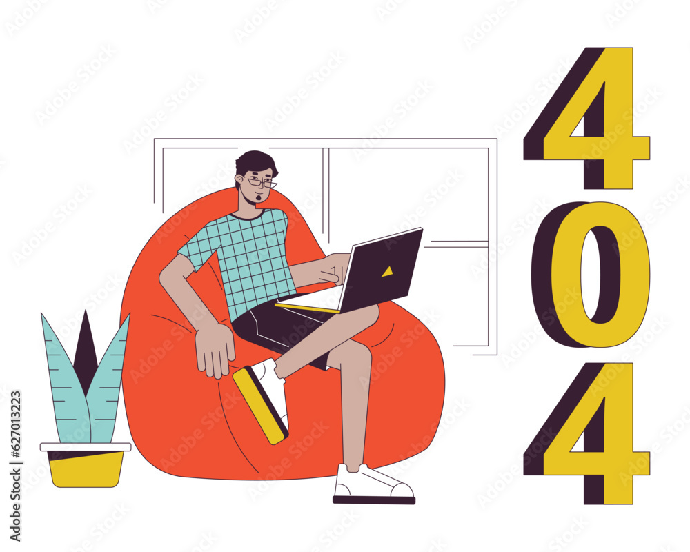 Poster remote work from home error 404 flash message. freelancer at cozy home office. empty state ui design