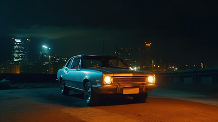 Obraz na płótnie Canvas Vintage muscle car parked on the street at night. 80s styled synthwave retro scene with powerful drive in evening. Generated AI.