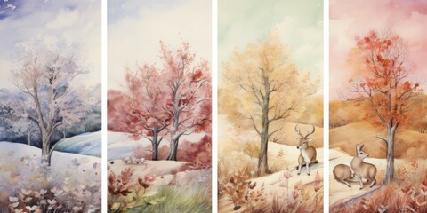    Bunny's Watercolor Seasons - Changing Landscape - Four Seasons Artworks Generative AI Digital Illustration