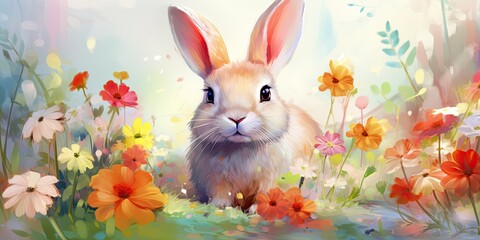 Watercolor Bunny and Spring Flowers - Playful Springtime - Colorful Ensemble   Generative AI Digital Illustration
