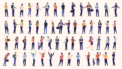 Office and business people vector collection - Set of characters working with computers, standing, talking and doing work. Flat design illustration - obrazy, fototapety, plakaty