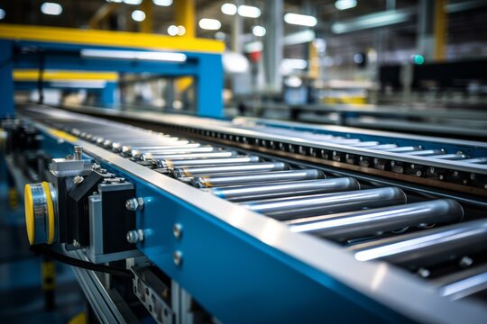 A high-speed conveyor belt showcasing the seamless production process in a modern manufacturing plant. Generative Ai