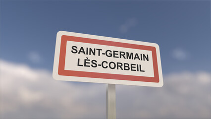 A sign at Saint-Germain-lès-Corbeil town entrance, sign of the city of Saint Germain lès Corbeil. Entrance to the municipality.