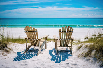 Two wooden Adirondack chairs on a white sandy beach with a view of the ocean. The chairs are facing the ocean and are positioned side by side - Powered by Adobe