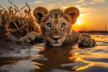 A young lion cub in a muddy puddle at sunset
