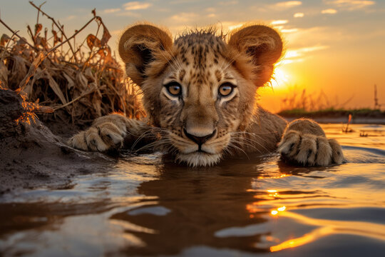 A young lion cub in a muddy puddle at sunset