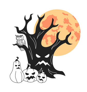 Halloween tree with scary pumpkins, full moon monochrome concept vector spot illustration. Spooky forest 2D flat bw cartoon composition for web UI design. Isolated editable hand drawn hero image