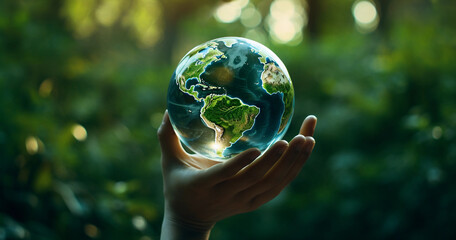 Celebrating Environment Earth Day with a symbolic representation of hands tenderly holding green earth against a soothing bokeh green background. Emphasizes the importance of saving the environment 
