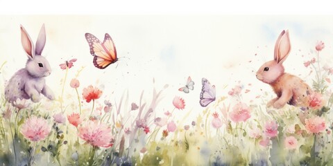 watercolor Bunnies at Play - Pink Butterflies in Flowering Meadow - Joyful Frolic   Generative AI Digital Illustration