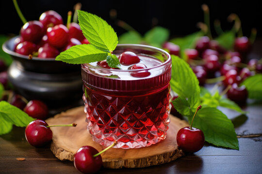 A glass cup of cold cherry compote on a background with green leaves