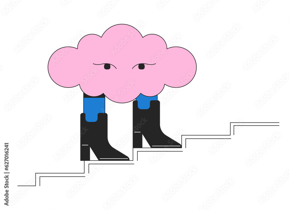 Poster surreal cloud walking in boots flat line concept vector spot illustration. cumulus 2d cartoon outlin