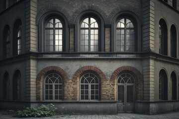Fototapeta na wymiar An old building has arched windows made of gray stone. Generative AI