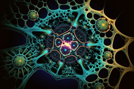A complex neural network with fractal cell structure for machine learning and AI, illustrated in abstract wetware computer style. Generative AI