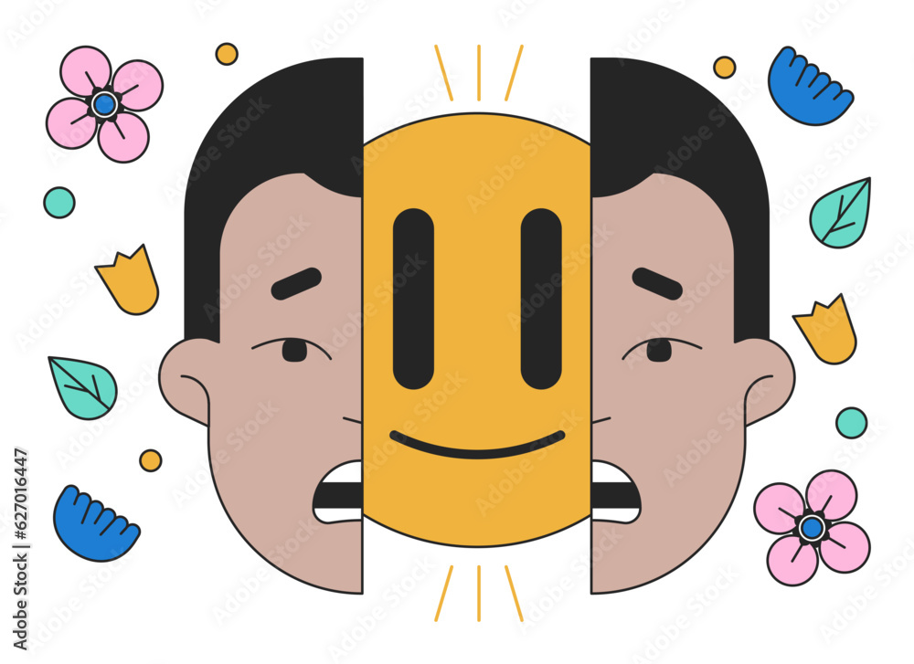 Poster introvert hiding feelings flat line concept vector spot illustration. shy guy split face 2d cartoon 