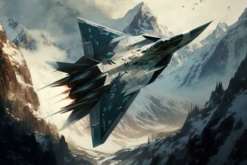 A fighter jet soars above mountains. Artistic. Generative AI