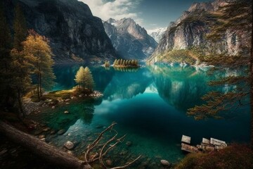 Breathtaking view of calm Lake Tenno in Trentino, Italy. Generative AI