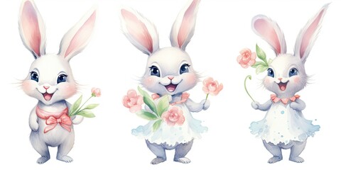 Watercolor Bunny Whimsical Watercolor Rabbit - Cute Cartoon Clipart - Isolated on White , cute bunny,s   Generative AI Digital Illustration