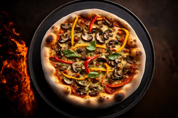 An overhead, top-down view of a delicious, freshly-made Neapolitan mushroom and peppers pizza straight from the oven. Generative AI.