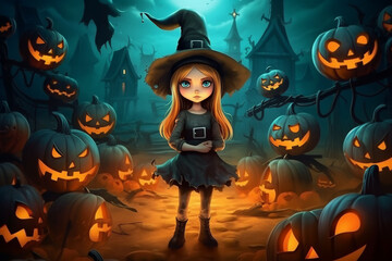 Cute little witch on halloween night cartoon