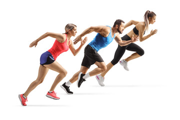 Fototapeta na wymiar Full length profile shot of a male and two female athletes running