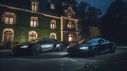 Concept of luxury cars parking infront of mansion