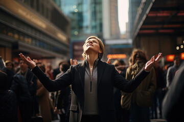 A person conducting stress-reduction exercises in a busy urban setting.
