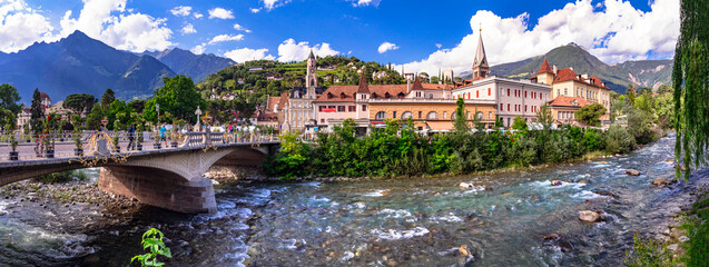 beautiful Merano town - popular town and spa resort in Italy in  South Tyrol, Bolzano province - obrazy, fototapety, plakaty