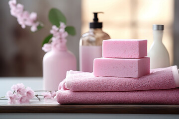 Obraz na płótnie Canvas Pink towels and sponges for body on table.