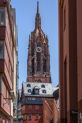 Frankfurt am Main Blick vom Römer / Römerberg auf den Kirchturm des Kaiserdom St. Bartholomäus