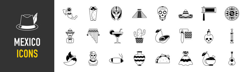 Mexico icons set, design element, flat style. Collection objects for Cinco de Mayo parade with pinata, food, sambrero, tequila, cactus, flag. Vector illustration	
