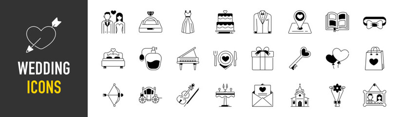 Set of wedding, marrying, ceremony icons. Vector illustration.