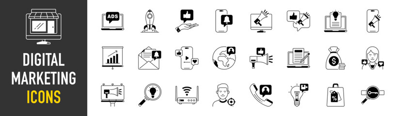 Digital marketing icons. Vector icons set. Premium quality. Simple thin design. Modern symbols collection, pictograms.	
