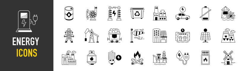 Set of green energy icons. Icons for renewable energy, green technology. Design elements for you projects. Vector illustration
