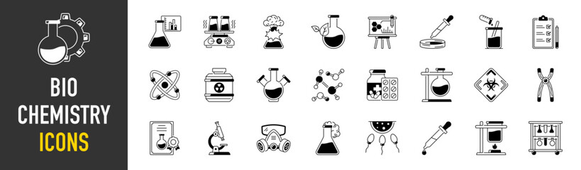 Naklejka premium Biochemistry icons. Science, scientific activity elements - icon collection. Simple vector illustration. 
