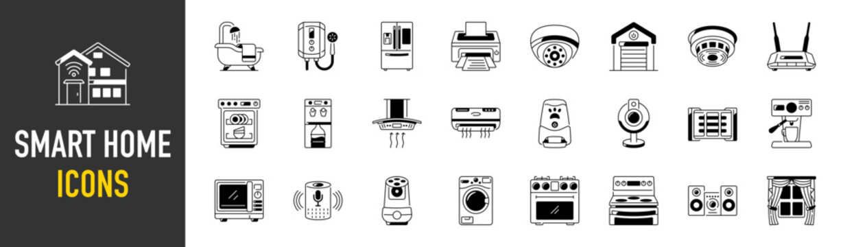 Collection of smart house icons. control of lighting, heating, air conditioning. Set of home automation and remote monitoring symbols drawn. Vector illustration.