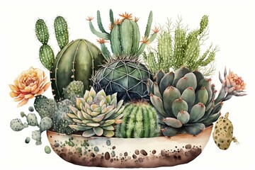 Watercolor cactus and succulent in pot on white. Generative AI