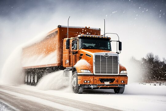 Winter Maintenance Vehicle Salts Highway, Deicing An Orange Truck On Snowy Road. Crystals Fall On Asphalt. Generative AI