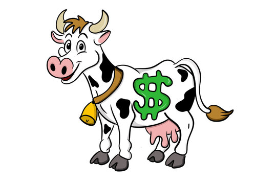 Cartoon of a cash cow with dollar signs on its body