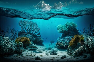 Fototapeta na wymiar An underwater landscape showcasing a coral reef and vast seascape. Generative AI
