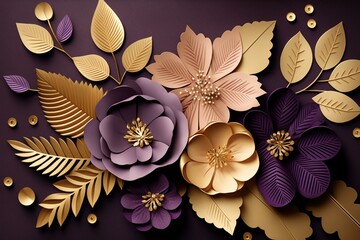 Plum, violet, and gold 3D paper flower and leaf background. Floral botanical design for greeting cards, beauty products, and fashion banners. Generative AI