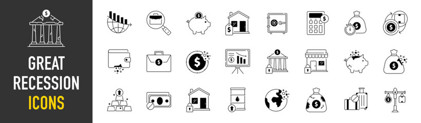 Economic crisis web icon set in solid style. Decrease, layoff, job fired, pay cuts, low cost, collection. Vector illustration.